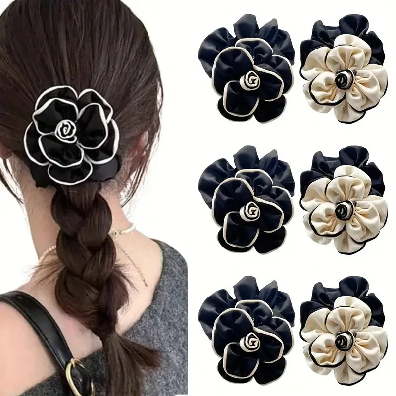 Black White Camellia Flower Hair Scrunchies Gentle Elegant Shark Clip Versatile Hair Claw Clamp Hair Accessories for Women Girls