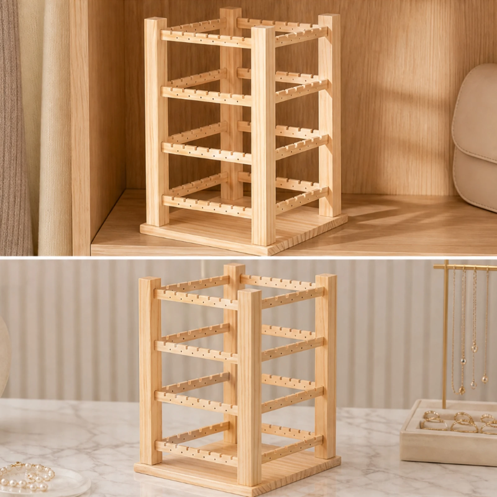 Wooden Earring Storage Rack Long-Lasting Rotating Jewelry Rack with Slotted Rails Rotating Jewelry Display Stand Countertop
