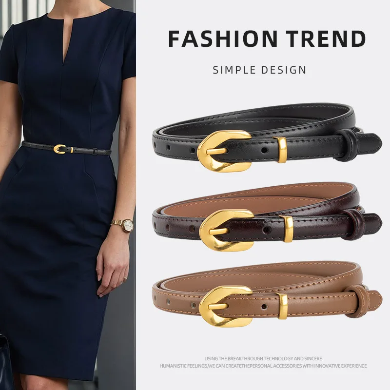

Niche popular leather black thin belt ladies decorative dress vintage gold buckle versatile belt