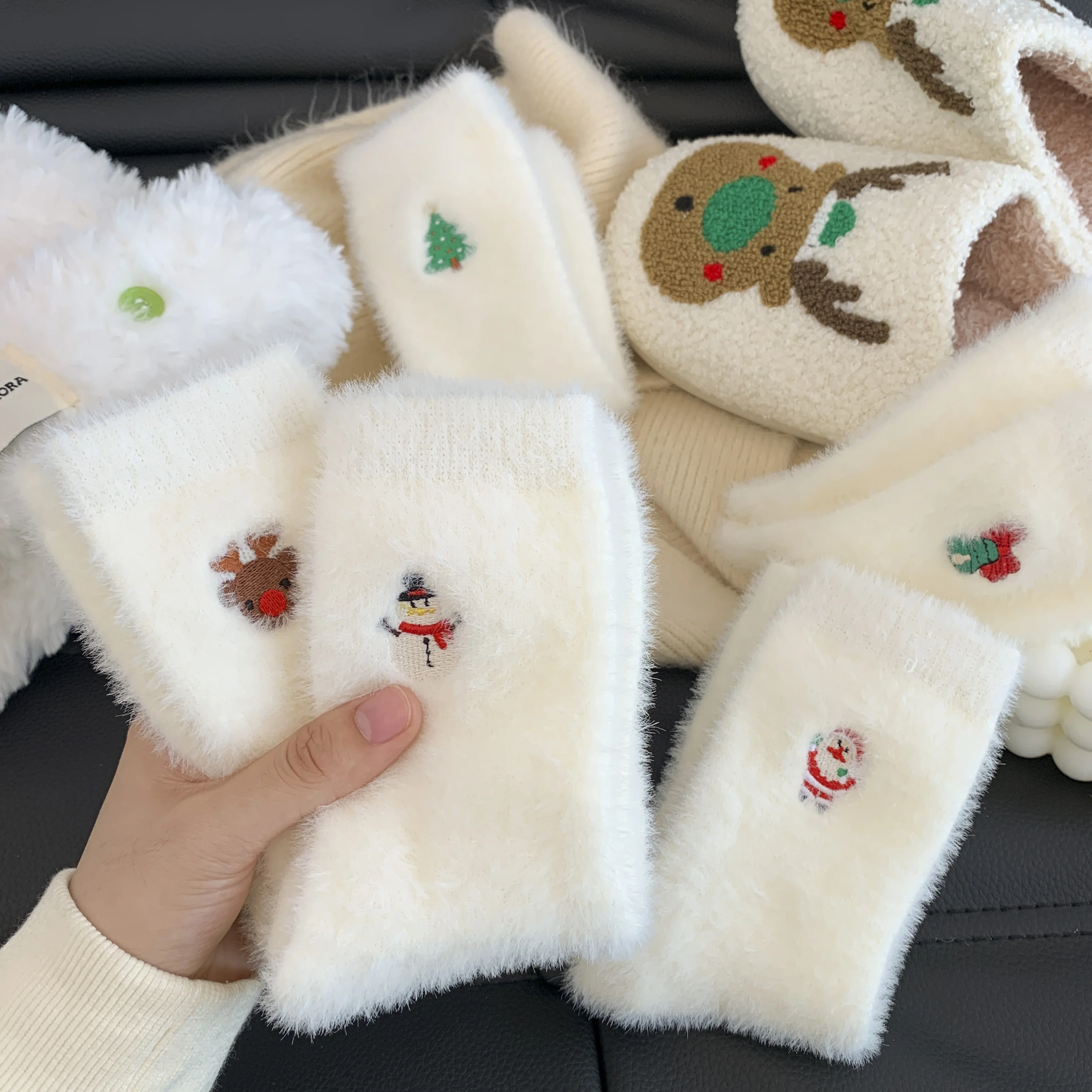 kkjoy 5 Pairs Women's Christmas Stockings - White Fuzzy Warm Xmas Socks, Cute Holiday Decor, Hand Washable Festive Gift Socks