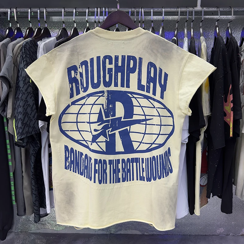 New Rough Play Men Fashion Graphic Tee Streetwear Hip Hop Short Sleeve Crew Neck Loose Casual T-Shirt Top