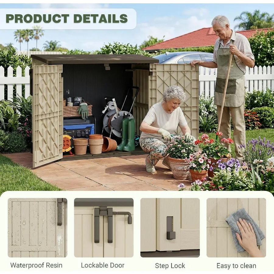 Waterproof Outdoor Storage Box 36 Cu Ft for Backyards, Brown-Beige Polyethylene with Lockable Doors and Portable Horizontal Des