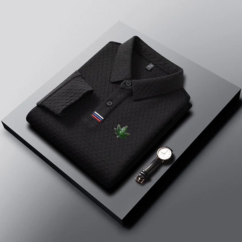 Hot-Selling Men Long-Sleeved Polo Shirt Lapel Button Stripe Leaf Embroidery Autumn Warm Polo Shirt Leisure Versatile Men's Wear