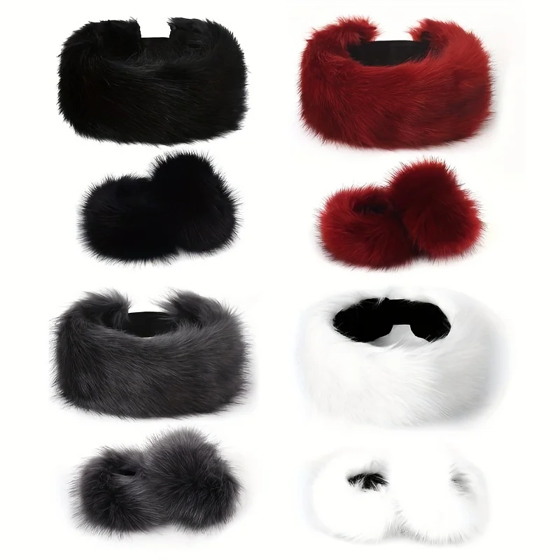 Conjunto de gorro y calentador de brazo de piel sintética, 2 uds., diadema y fundas para diadema y fundas de invierno acogedoras, accesorio de moda cálido de punto de poliéster