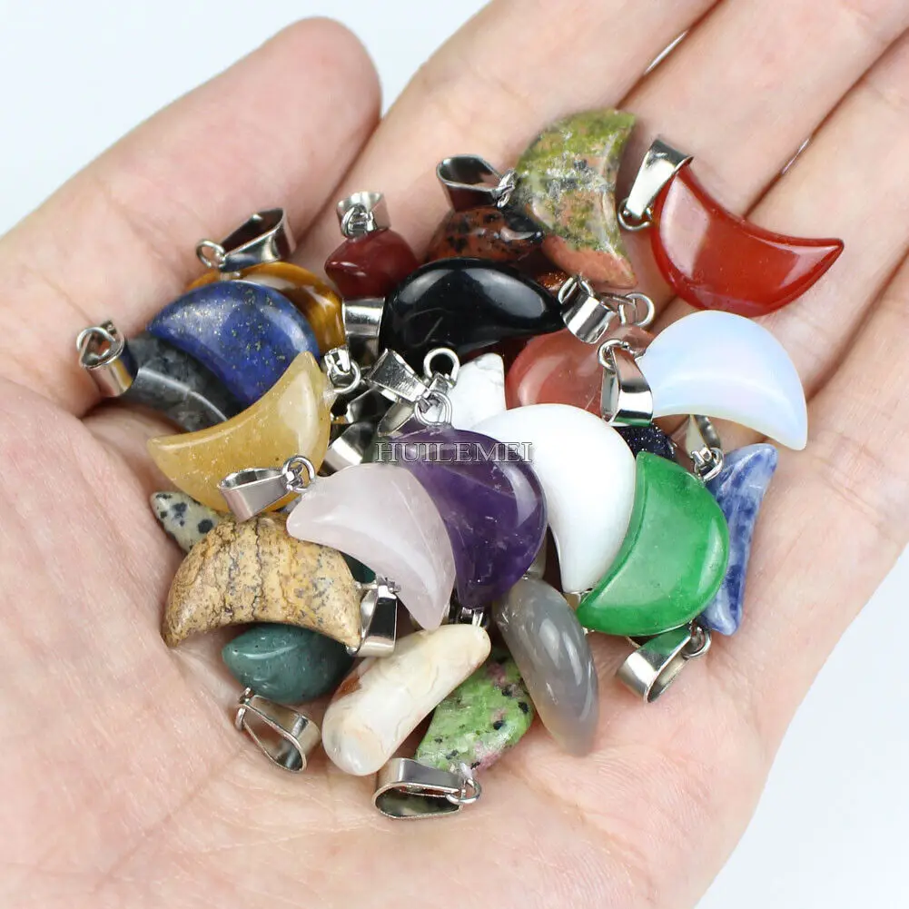 Wholesale 20pcs/lot Mixed Natural Crystal Quartz Stone Gemstone Moon Pendant Charms for DIY Necklace Jewelry Making