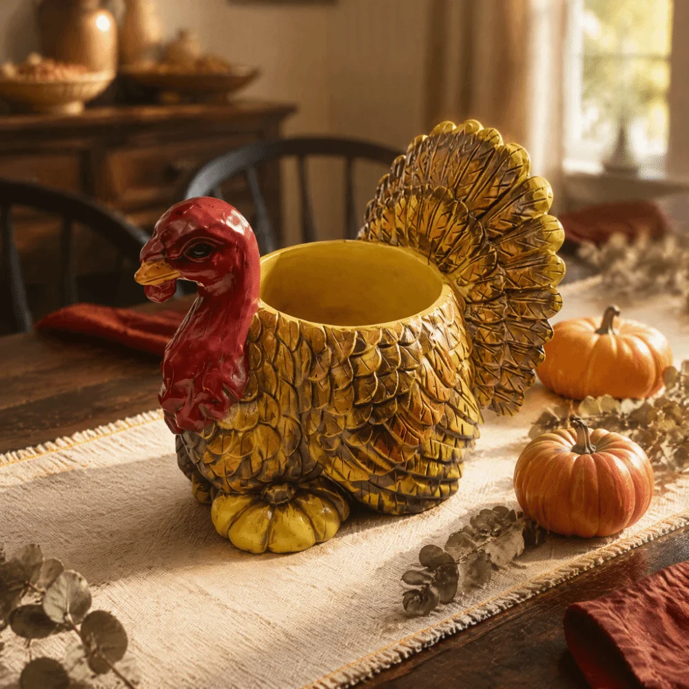 Fall Harvest Resin Turkey Planter Pot Raised Plumage Texture Weather-Resistant Fall Turkey Plant Holder Fade-Resistant