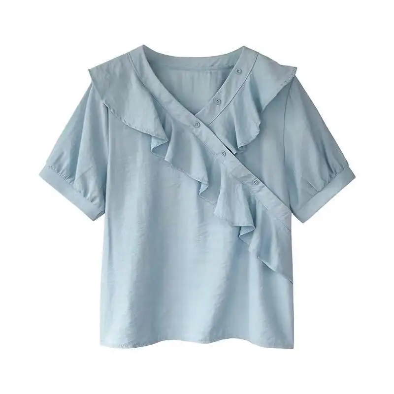 Women Summer Elegant Irregular Button Ruffled V Neck Short Sleeve Blouses Lady Solid Loose Shirt Female Sweet Chiffon Top Korean