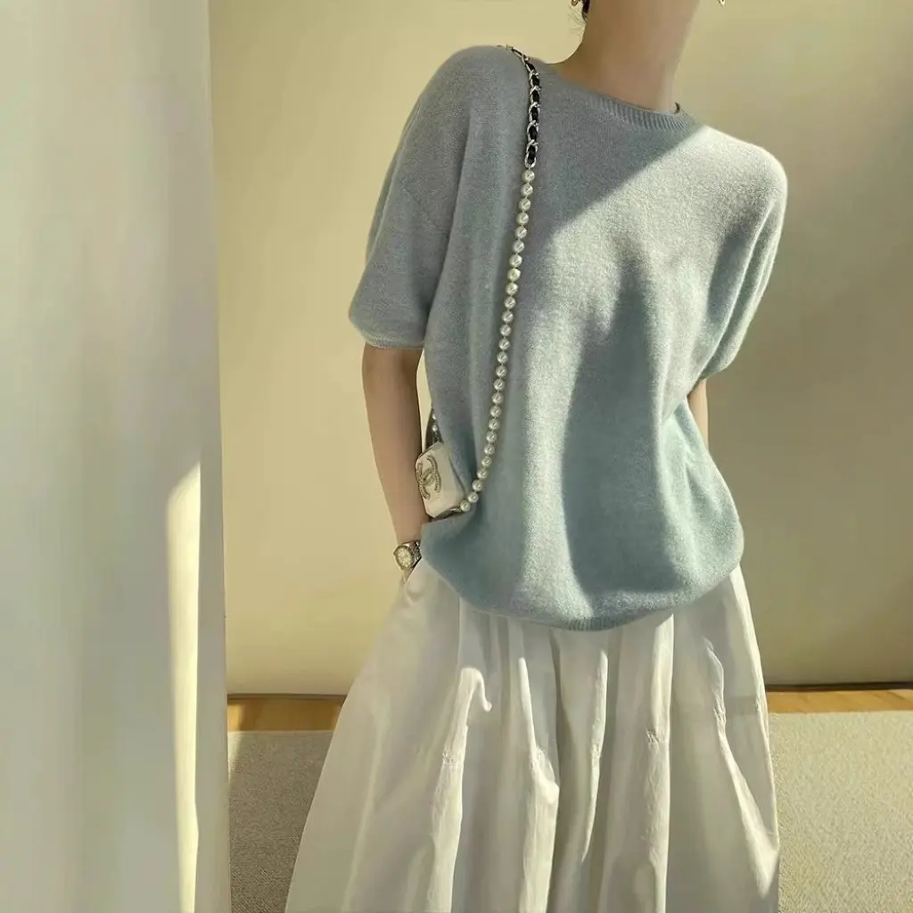 

Женская элегантная футболка с круглым вырезом дофамина во французском стиле и короткими рукавами, трикотаж из 100% чистой шерсти, свободный крой на весну и лето