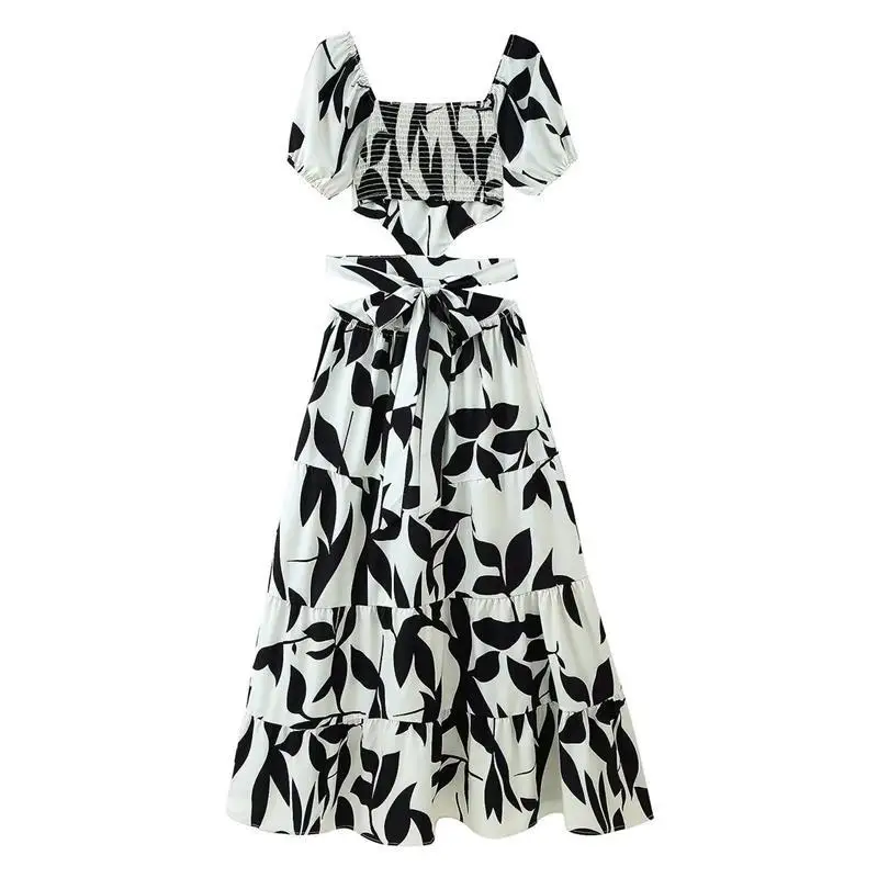 Verão impressão de um ombro cintura recorte com cinto feminino Dr Ele cintura alta ort-Sve Midi Dr Ci-Walk entrada