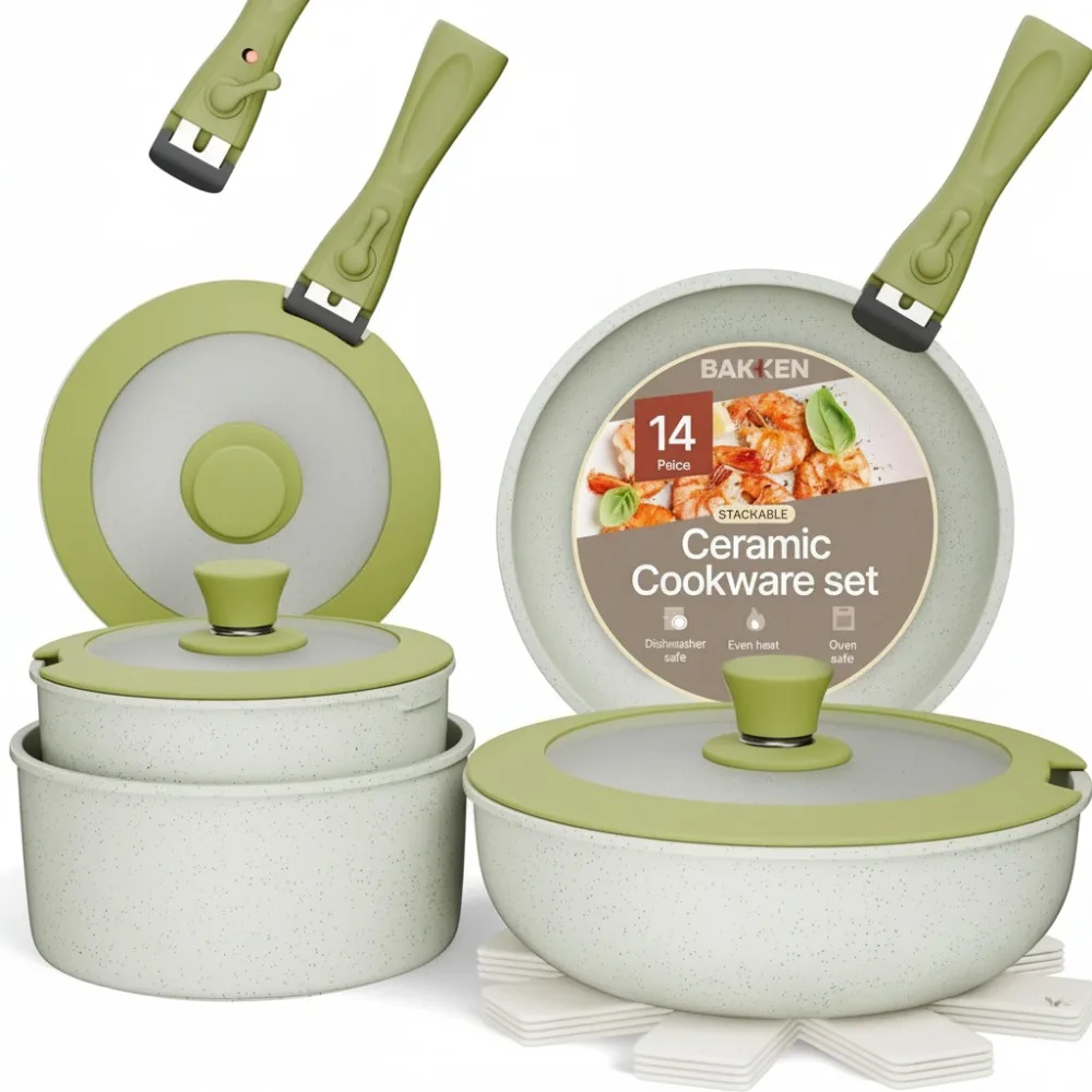 

15-Piece Non-Stick Ceramic Cookware Set with Detachable Handles, Stackable for Small Kitchens, Dishwasher Safe