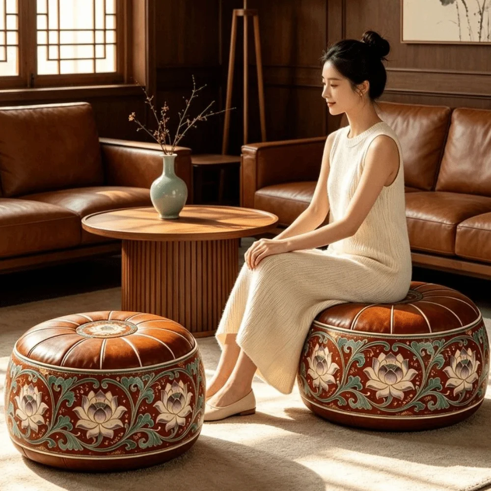 New PU Leather Fillable Ottoman Pouf Round Shape Embroidered Pattern Round Pouf Cover Moroccan Style Storage Ottoman Home Use