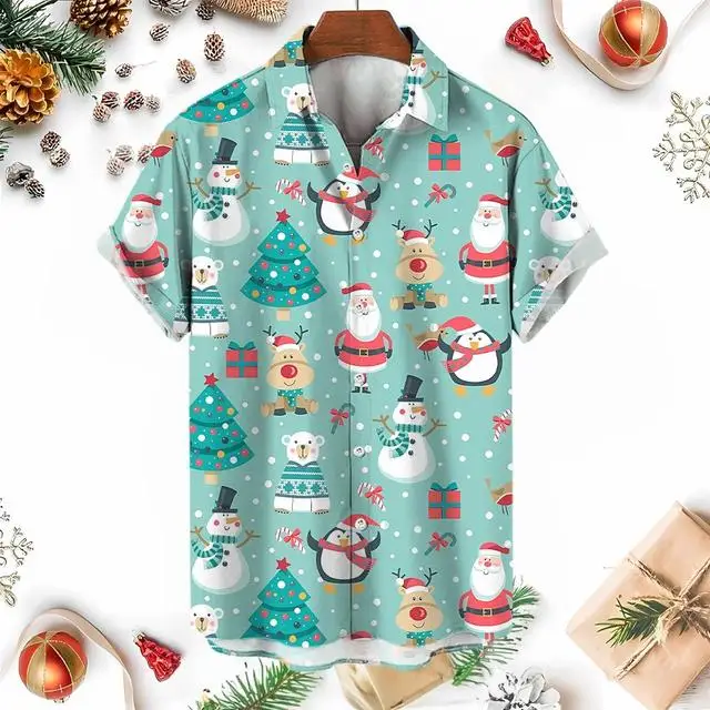 Xmas New Year Gingerbread Christmas Hawaiian Shirt Men\'s 3D Snowman Print Street Short Sleeved Loose Clothes For Women Clothing