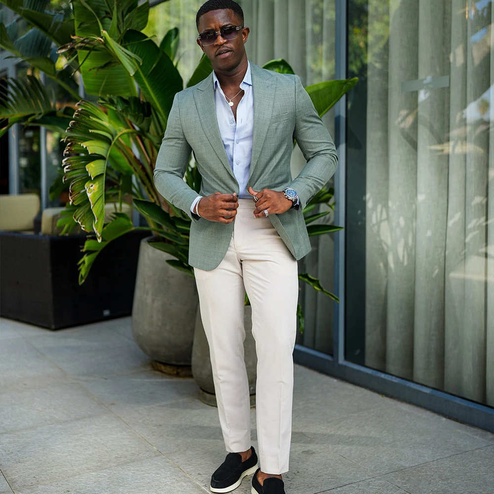 Linen Men's Suits 2Pcs Peaked Leapel One Single Button Green Wedding Guest Suit Business Slim Fit Blazer Jacket+Pants Customized