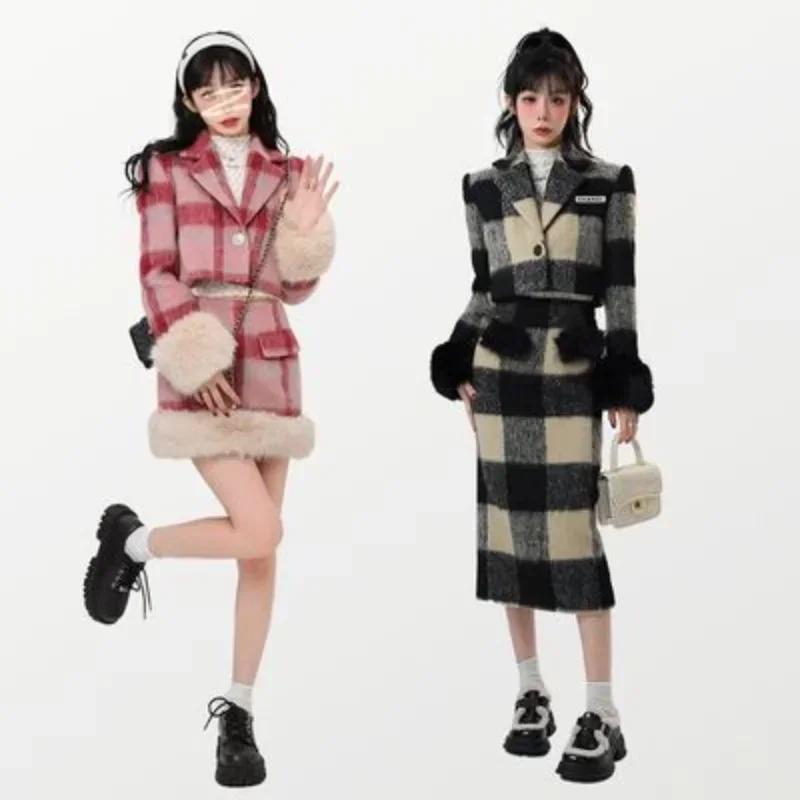 2023 Sweet Short Plaid Blazer Suit Two Piece Set Summer Women Woollen Casual Office Blazer Girl Chic Cute High Waist Skirt Suits