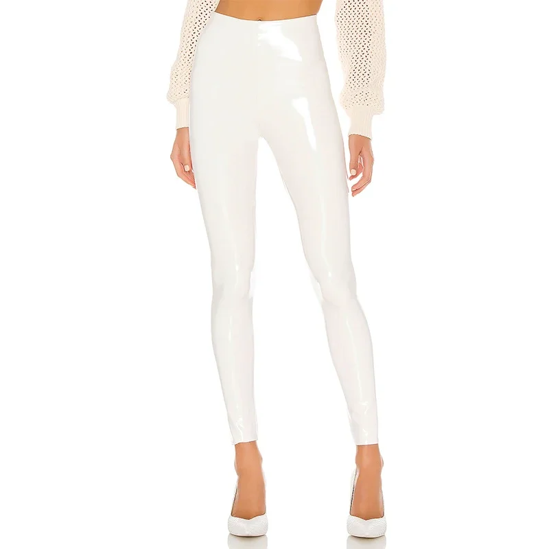 Pantalones de PVC blancos de cuero PU brillante para mujer, mallas ajustadas 4XL, pantalones ajustados de cintura alta elásticos de látex,