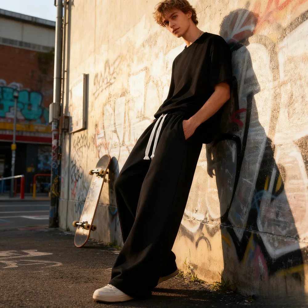 Straight Leg Joggers Pants for Men Elastic Waist Lounge Pants Loose Fit with Drawstring Casual Sweatpants for Daily Wear