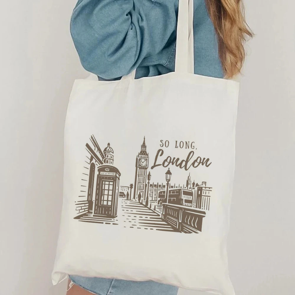 

So Long London Print Tote Bag Handbag Cosmetic Bag Capacity Travel Shopping Bag Canvas Shoulder Bag