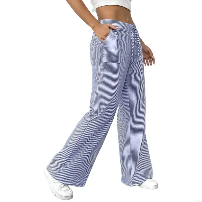 レディース ワイドレッグ ストライプ ドローストリング ローライズ カジュアル ルーズ パンツ ポケット付き F3MD