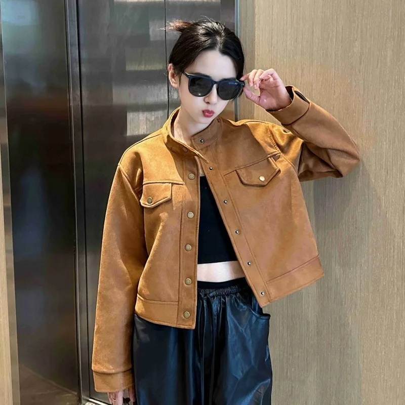 Short Design Long Sleeved Deer Skin Velvet Small Fragrant Style Jacket for Women's Spring Autumn New Style Loose Slim Short Top
