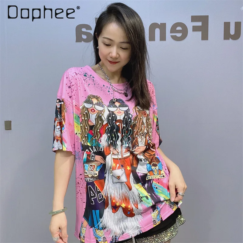 

Fashion Round Neck Short Sleeve T-Shirt for Women Summer Colorful Print Casual Loose Beaded Half Sleeve Top Women Clothing