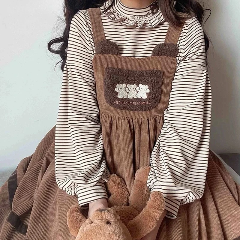 Autumn Winter Vintage Sweet Lolita JSK Dress - Cute Bear Embroidery Plush Pocket Loose Corduroy Party Strap Dress