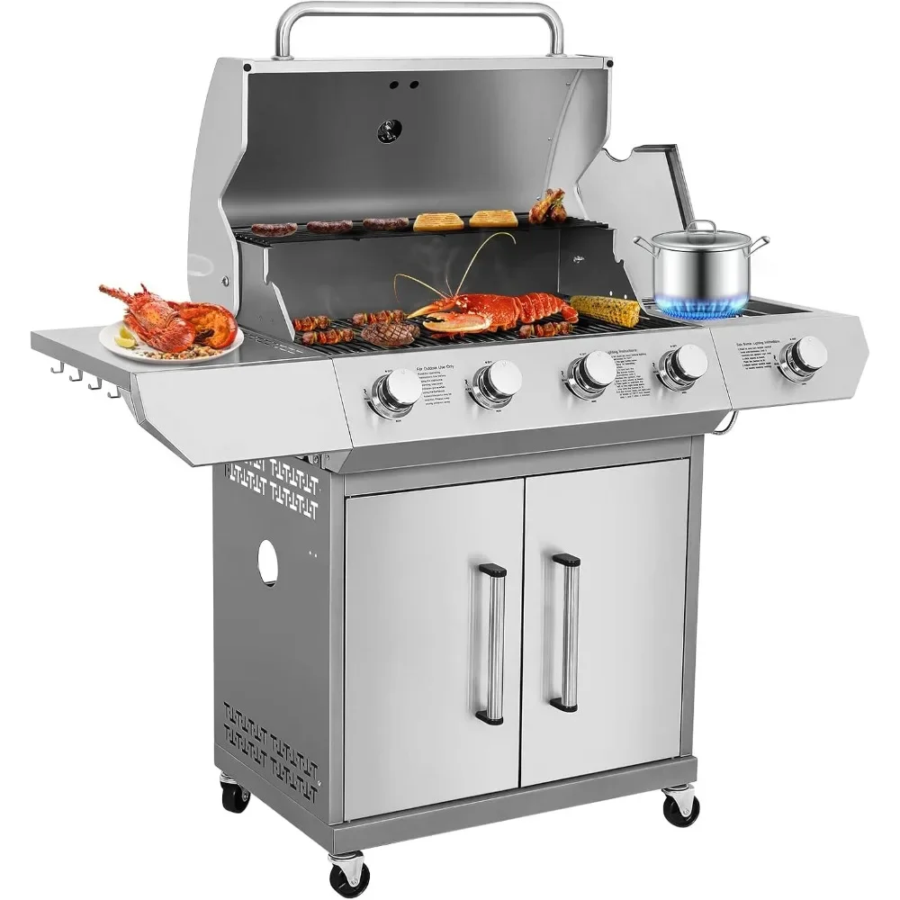 

4 Burner Propane Gas Grill, Stainless Steel Gas Grill with Built-in Thermometer & Side Burner, Outdoor BBQ Grill