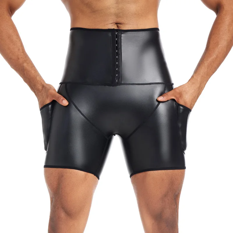 Men High Waist Tummy Control Shapewear Shorts Butt Lifter Compression Body Shaper Pants with Buttons and Pockets Fitness