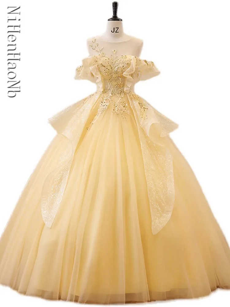 

New Yellow Quinceanera Dresses Scoop Neck Tulle Ball Gown Classic Off The Shoulder Flower Vestido De Debutante