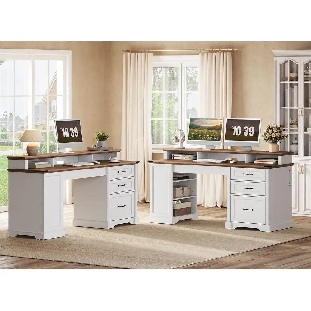 

55-inch Dual-Desk Executive Workstation with Drawers, Computer Desk with File Cabinet and Side Shelf, Writing Desk with Monitor