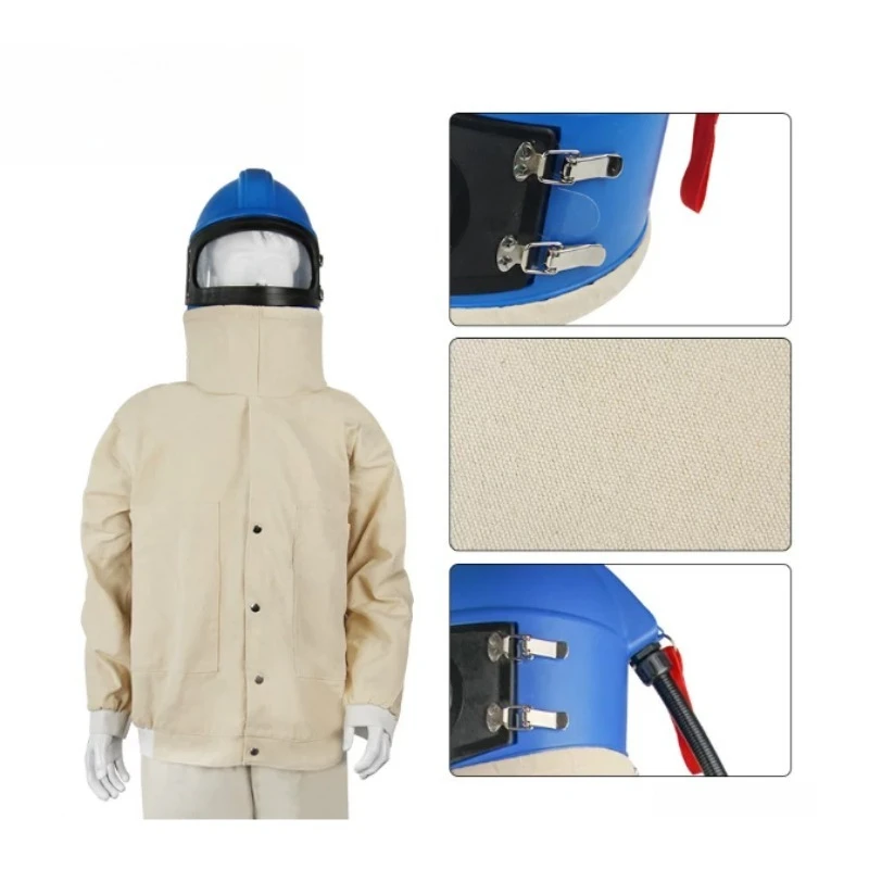 Canvas Sandblasting Protective Suit Helmet Hood Double Layer Protection Air Inlet Pipe For Sandblasting Operation