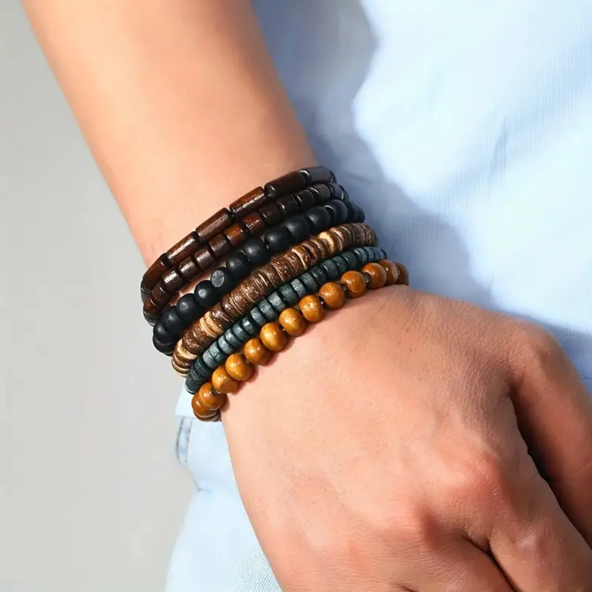 6Pcs Black Brown Wooden Beaded Bracelets Set Stackable Stretch Wood Bead Bangles Boho Ethnic Style Bracelets For Men Women Casual Jewelry