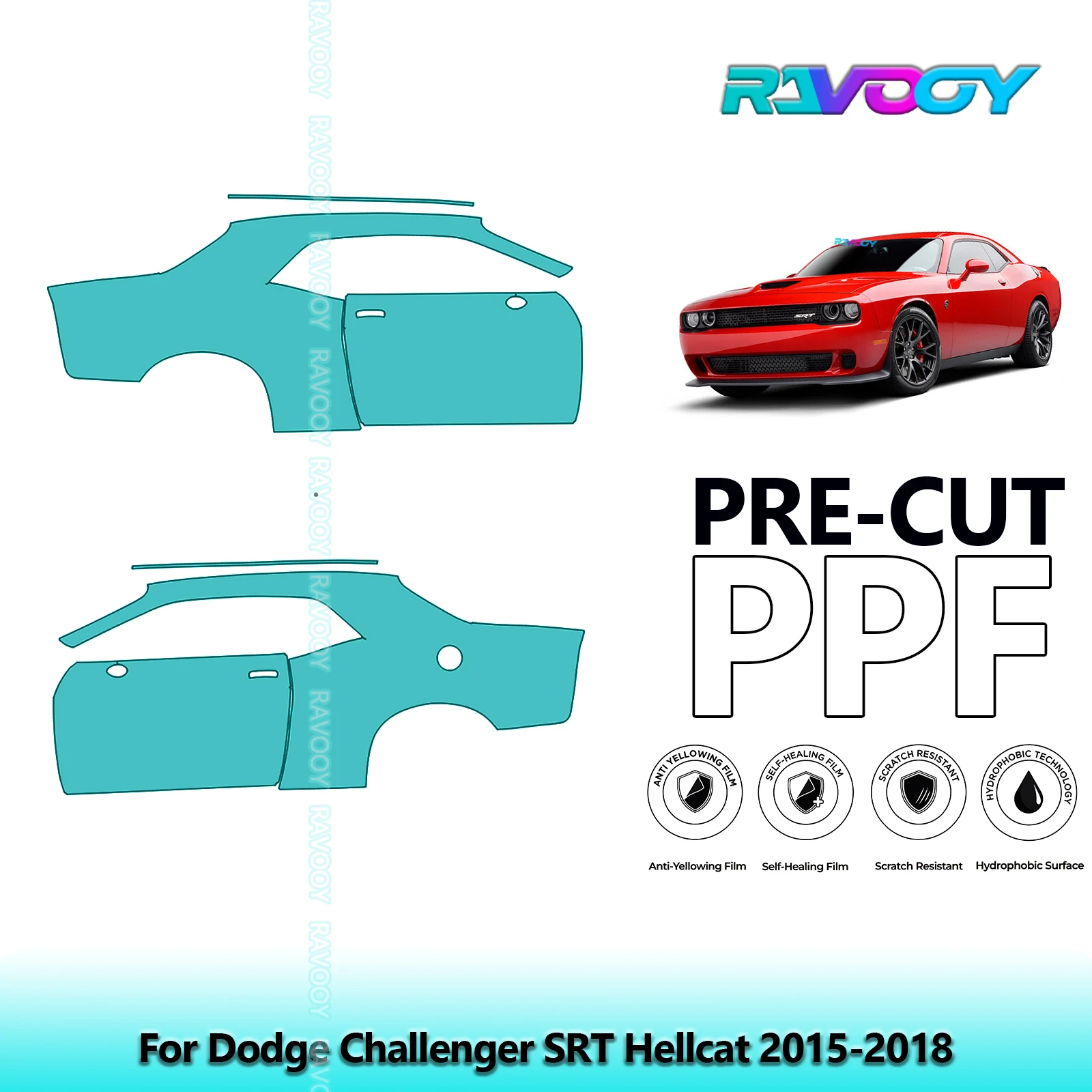 

For Dodge Challenger SRT Hellcat 2015-2018 8.5mil Clear Matte Pre-Cut PPF Door & A/B Pillar Kit TPU Paint Protection Film Set