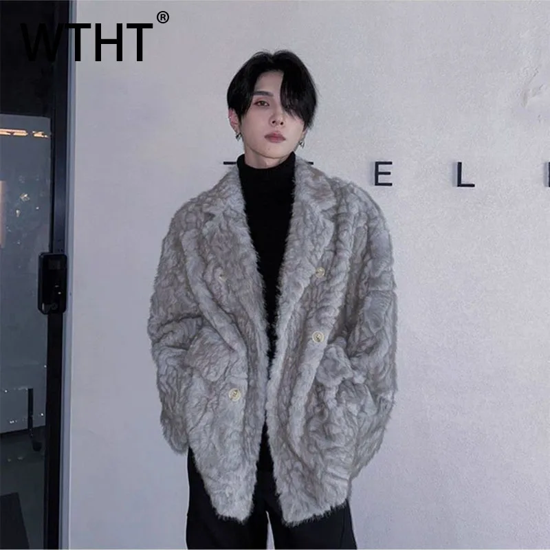 

WTHT модное мужское однотонное утепленное плюшевое пальто из искусственного меха, модная однобортная куртка с отложным воротником, мужская осень 2023, 2A2281