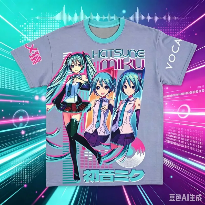 2026 Hatsune Miku Vintage-Stil T-Shirt Anime Virtuelle Sängerin Vollbedrucktes Kurzarm-Shirt Lässiger Rundhalsausschnitt Streetwear-Oberteil für Fans