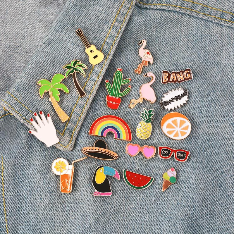 Watermelon Hat Guitar Pin Denim Jacket Pins Badge Fashion Jewelry Pinseapple Toucan rainbow Lips Juice Flamingos Sunglass