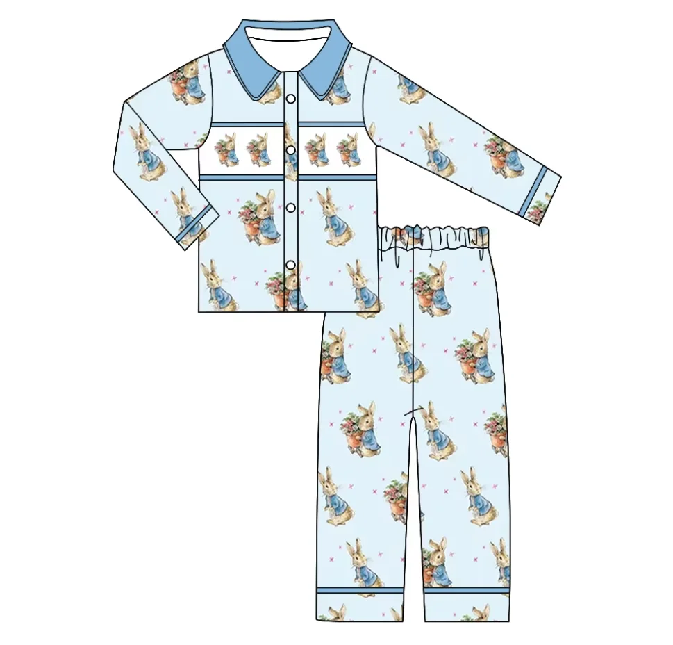 Easter boutique children's suit short-sleeved elastic bunny flower print trousers elastic girls boys pants suit baby pajamas set