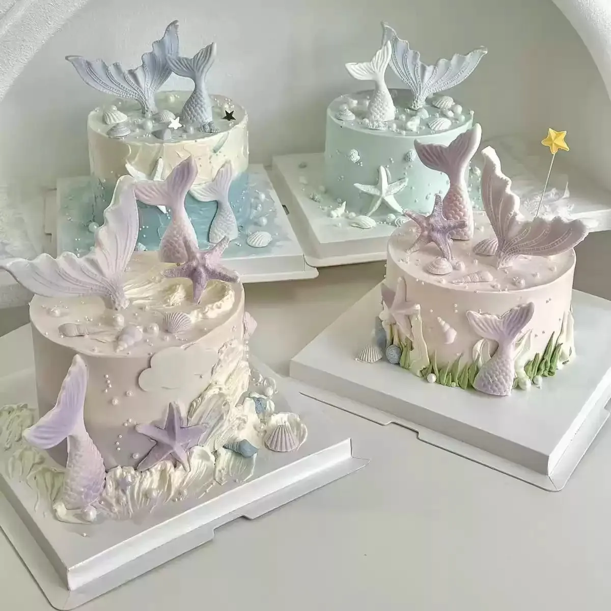 sea-mermaid-tail-starfish-birthday-cake-decoration-baking-props-white-cake-toppers-ocean-theme