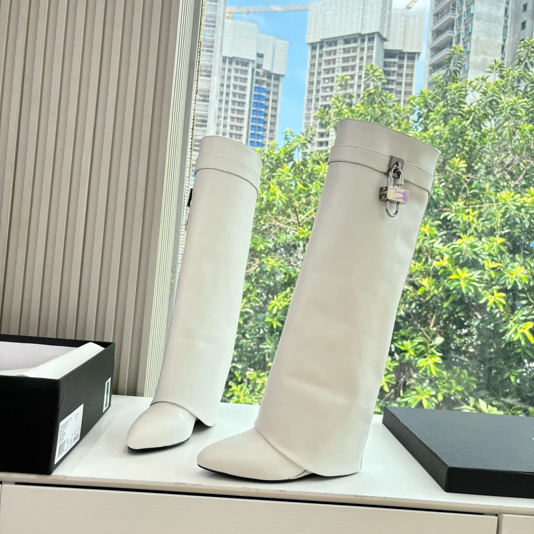 

New Women's Knee High Boots Lock Key Decor Pointed Toe Chunky Heel Cowhide Leather Fashion Autumn Winter Party Versatile High