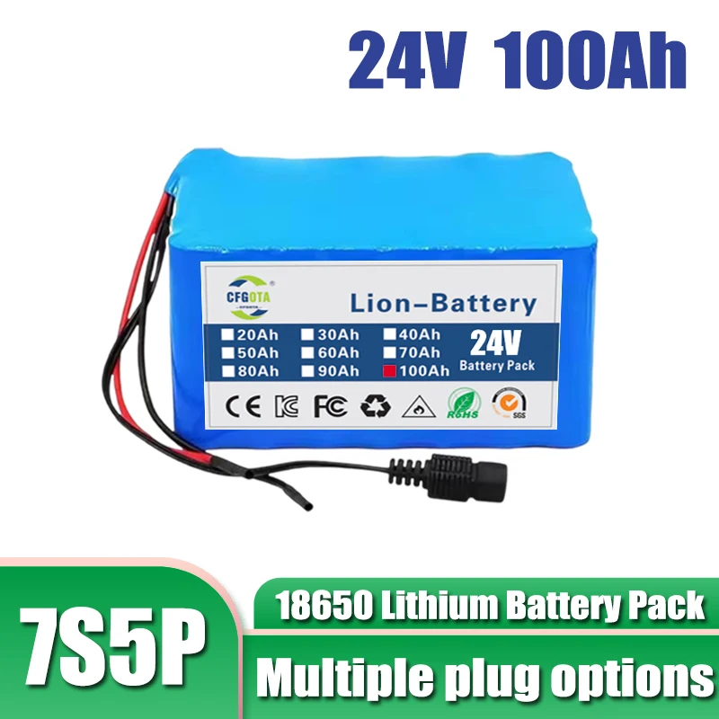 24V 100Ah 7S5P battery pack 18650 lithium-ion battery, built-in BMS, large capacity electric scooter battery