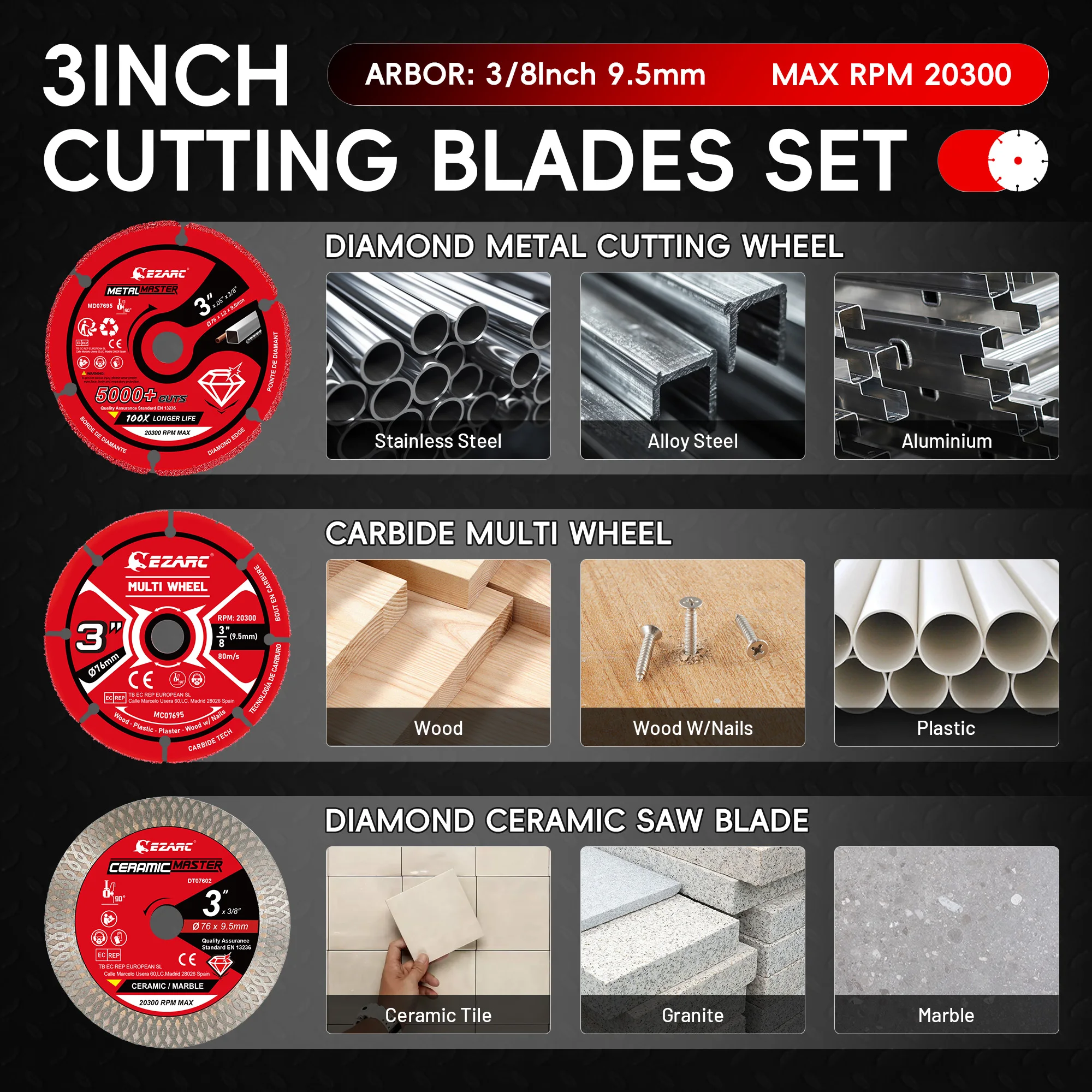 EZARC 3PC 3-Inch(76mm) Cutting Discs Set for Metal Wood Tile, 3/8