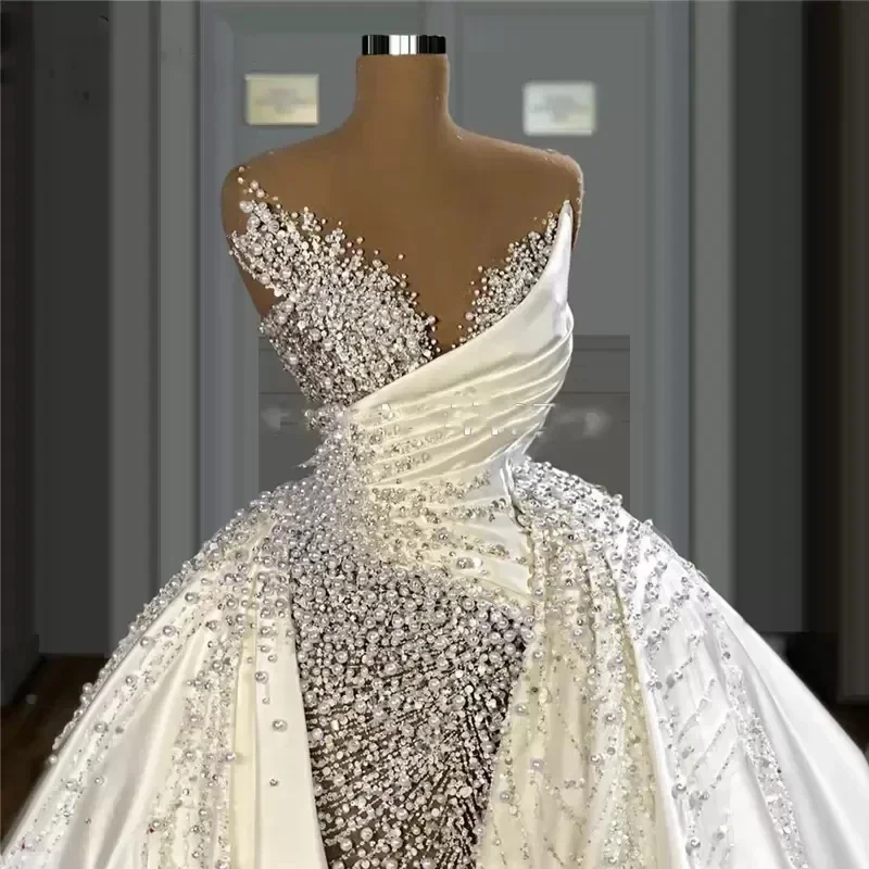 Customized Pearls Long Wedding Dresses Luxury Wedding Gowns Sexy Off Shoulder Customized Bridal Gown Sheer Removable Overskirt B