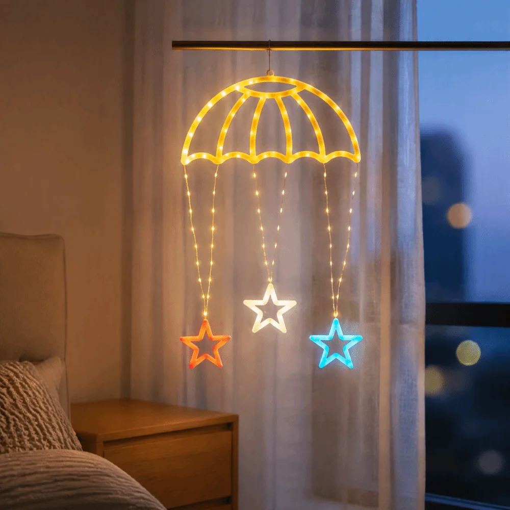 8 Modes of Lighting Parachute Star Lantern Warm/Colorful Light Usb Powered LED Christmas Parachute Lights Hanging Lamp