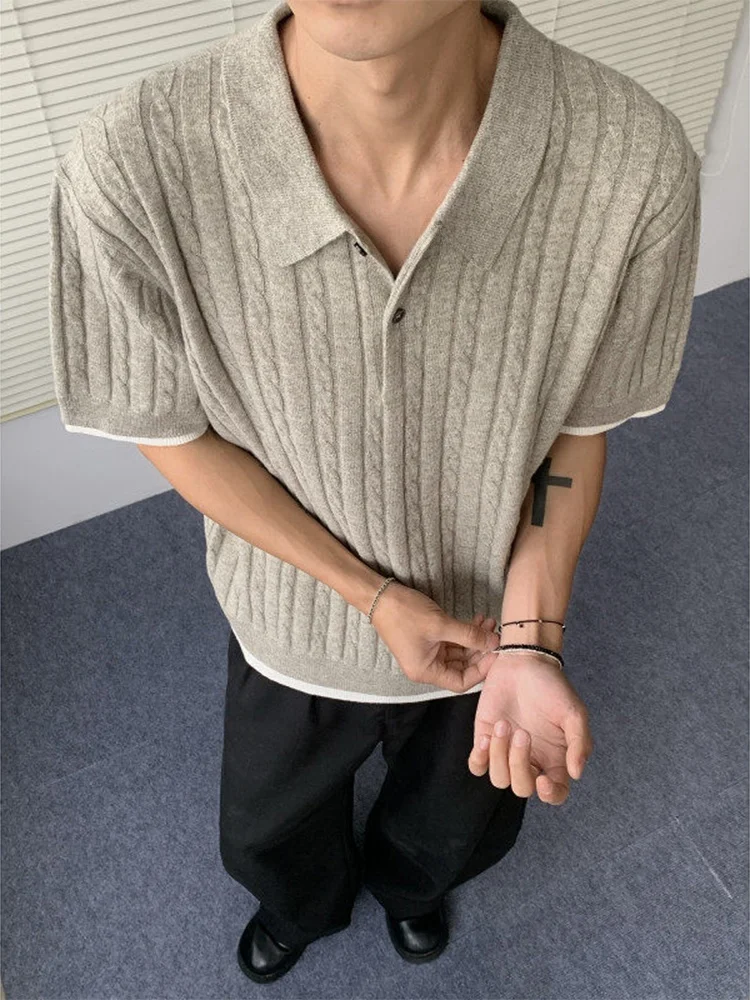 

American Retro Knitted ort Sve irt Men Summer Thin f Sve Fake Two-Piece T-irt CleanFit Casual Wear