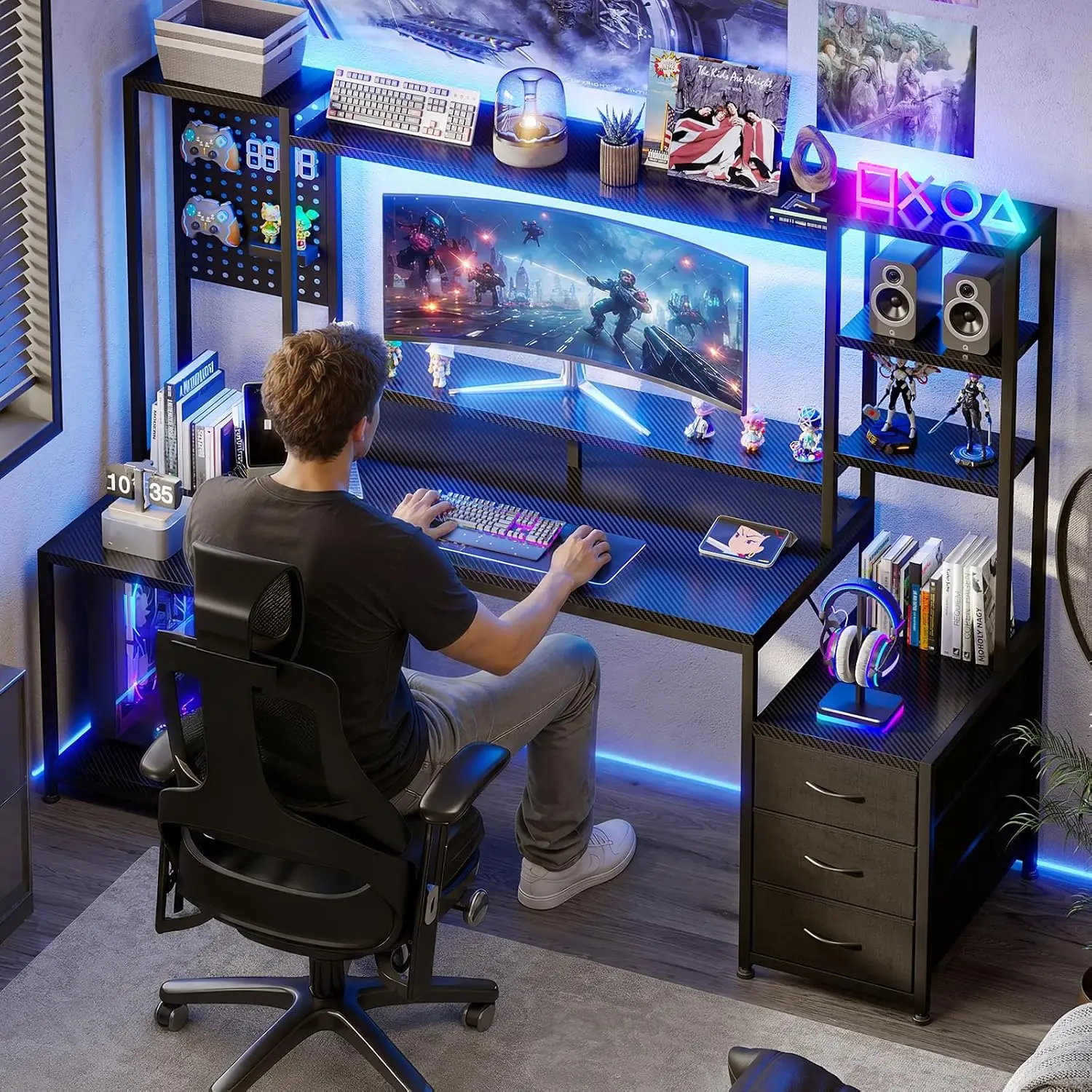 67 Inch Gaming Desk with Storage Shelves, 3 Drawers, LED Lights, Hutch