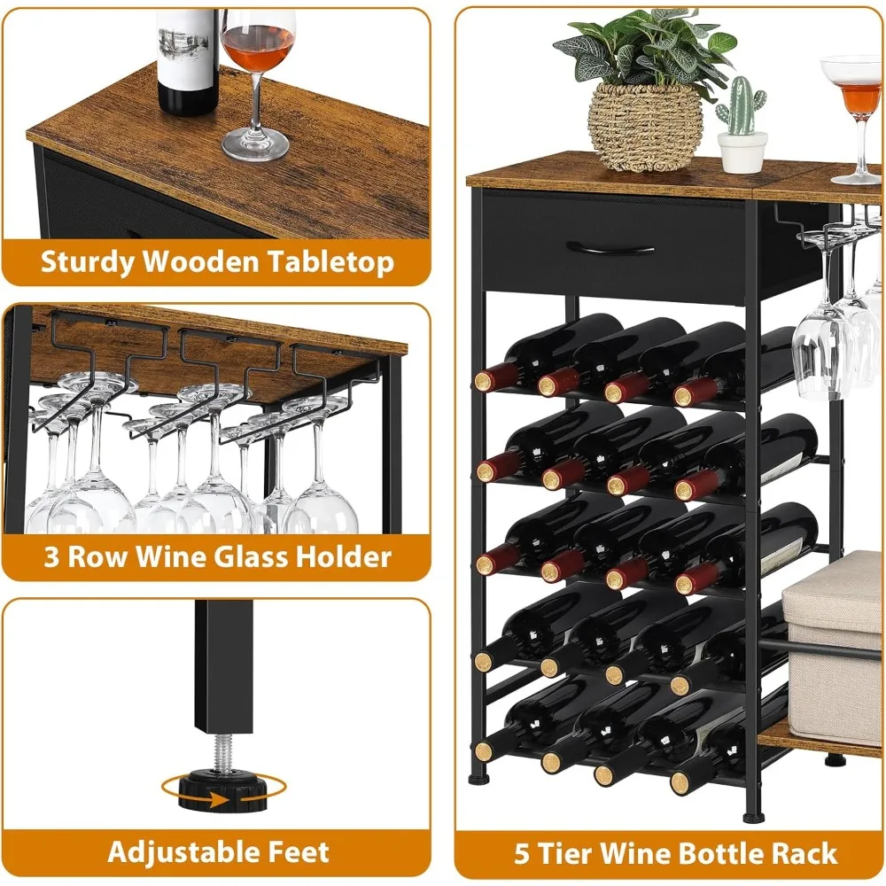 estante para vino independiente, estantes para almacenamiento de vino con exhibición de 5 niveles con soporte para vasos y cajón de tela, gabinete para licores de 20 botellas b