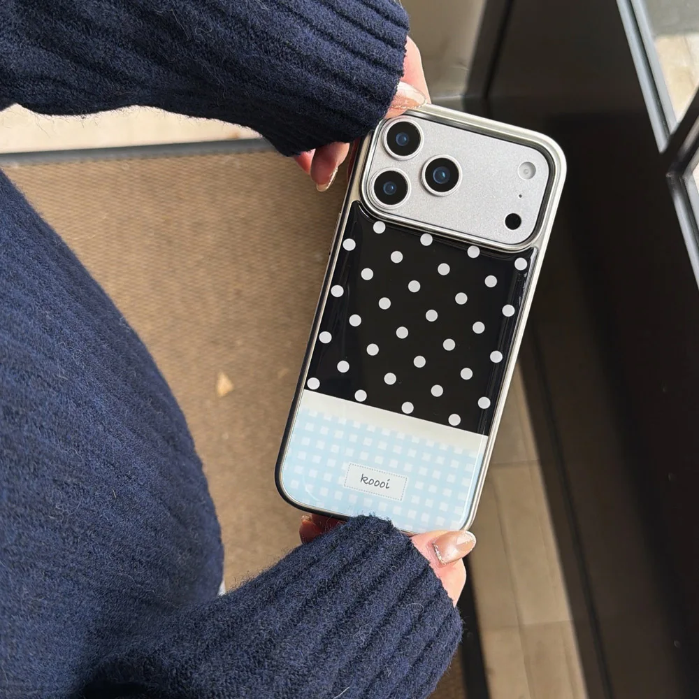 Autumn winter blue grid white wave dots Phone Case For iPhone 17 16 15 14 Pro Max 13 Case Cute Luxury Cartoon Splice Back Cover