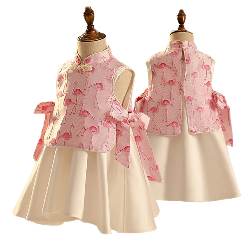 2-teiliges rosa A-Linie Blumen mädchen kleid für Hochzeits mädchen Flamingo kleid zum Geburtstag Satin Tauf gala für 1-14 Kinder – Detail 4