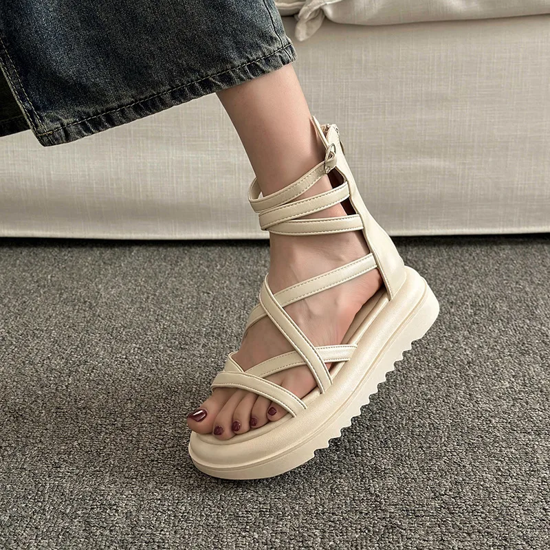 2024 Summer Cross Strap Design Fried Street Fashion High-Top Roman Shoes Woven Platform Sandals for Women