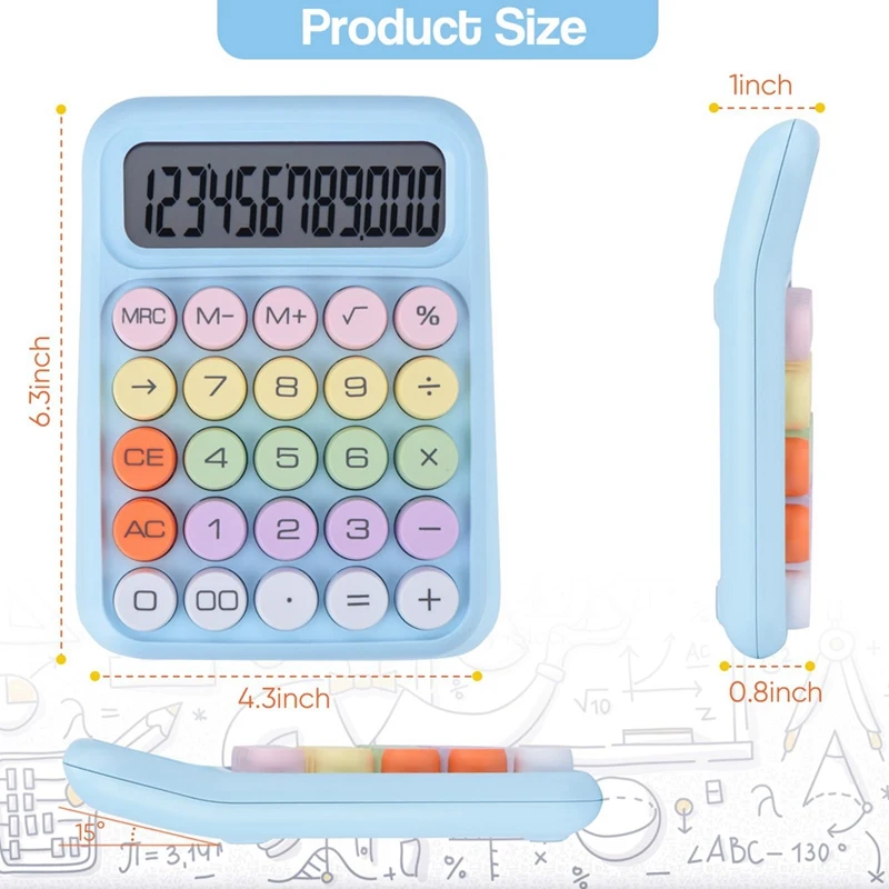 Calculatrice mécanique à bouton-poussoir, 12 chiffres, écran LCD, gros boutons, facile à appuyer, couleur bonbon, bleu, facile à utiliser