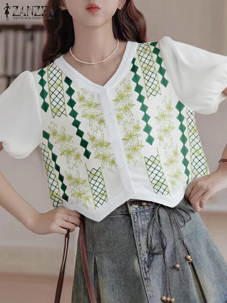 

ZANZEA Bohemian Women Shirts Vintage Floral Print Tunic Tops 2025 Fashion Summer Short Sleeve Casual Blouse V-Neck Loose Blusas